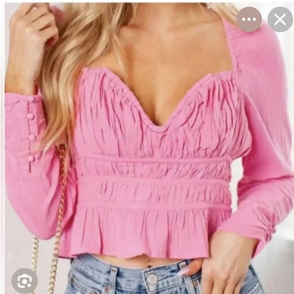 NWT Free People CHLOE TOP. Pink Ruched Sweetheart Long Sleeve Blouse. M